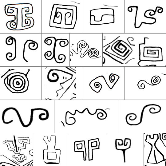 Otros símbolos abstractos presentes en la pared del Sector I-A de Pusharo. © Thierry Jamin, 2007