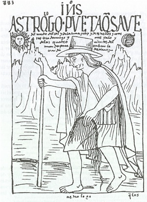 Un quipucamayoc, o "Maestro de las cuerdecillas a nudos". En una cierta época, los Incas habrían podido abandonar su sistema de escritura para este sistema mnemotécnico más rudimentario. (Felipe Guamán Poma de Ayala, "Nueva Crónica y Buen Gobierno (Antología)", Ver la Bibliografía)