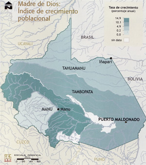 Indice de crecimiento poblacional en Madre de Dios. © “Atlas Departamental del Perú. Imagen geográfica, estadística, histórica y cultural”, N° 7, Madre de Dios-Ucayali, Peisa, Lima, 2003