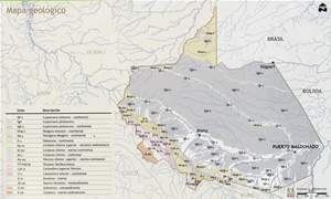 Mapa geológico de Madre de Dios. © “Atlas Departamental del Perú. Imagen geográfica, estadística, histórica y cultural”, N° 7, Madre de Dios-Ucayali, Peisa, Lima, 2003