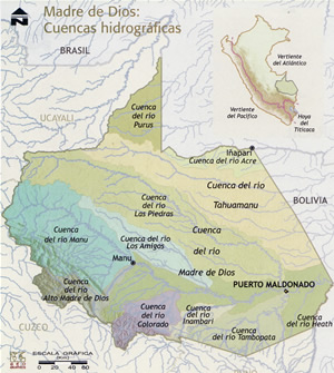 Cuencas hidrográficas de Madre de Dios. © “Atlas Departamental del Perú. Imagen geográfica, estadística, histórica y cultural”, N° 7, Madre de Dios-Ucayali, Peisa, Lima, 2003