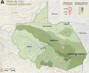 Densidad de la población en Madre de Dios. © “Atlas Departamental del Perú. Imagen geográfica, estadística, histórica y cultural”, N° 7, Madre de Dios-Ucayali, Peisa, Lima, 2003