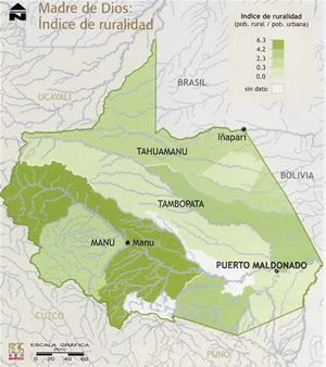Indice de ruralidad en Madre de Dios. © “Atlas Departamental del Perú. Imagen geográfica, estadística, histórica y cultural”, N° 7, Madre de Dios-Ucayali, Peisa, Lima, 2003