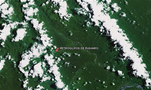 El valle del Palotoa y la localización de los petroglifos de Pusharo. © Google Earth – Dmapas – 2009