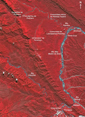 Mapa de localización general de la zona arqueológica de Pusharo.  CNES 1999 - Distribución Spot Image