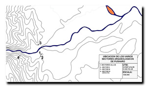Los petroglifos y geoglifos de Pusharo. Ubicación de los varios sectores