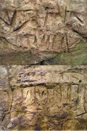 Dos ejemplos de « cartuchos » dentro de los cuales unas secuencias de signos abstractos recuerdan sorprendentemente los elementos de una antigua escritura. (Fotos: Thierry Jamin, agosto de 2006)