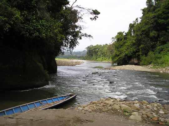 A la izquierda del rio Palotoa, la roca del Sector III de Pusharo, y a la derecha, la del Sector I-A e I-B. (Foto: Thierry Jamin, agosto de 2006)
